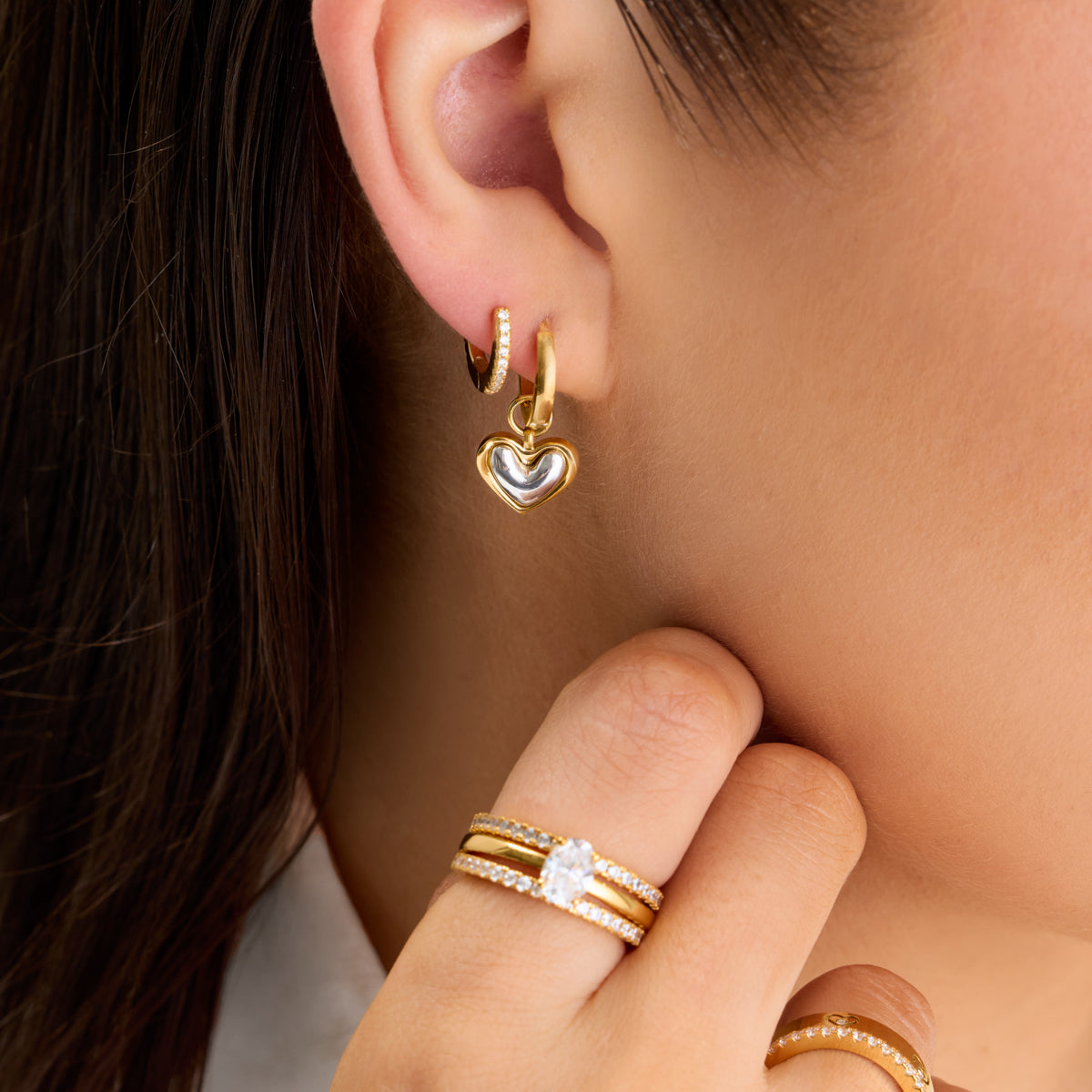 Mixed Metal Heart Huggie Earrings (Gold)