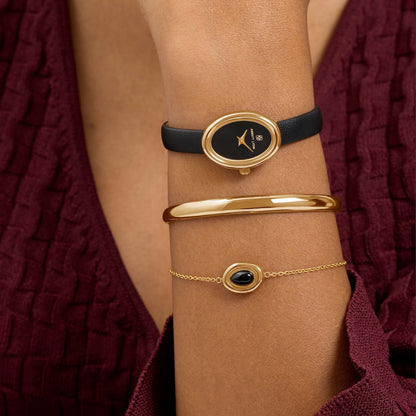Monroe Leather Watch & Onyx Bracelet Set (Black/Gold)