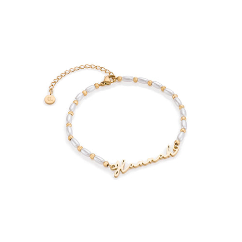 Pearl Chain Signature Name Bracelet (Gold)