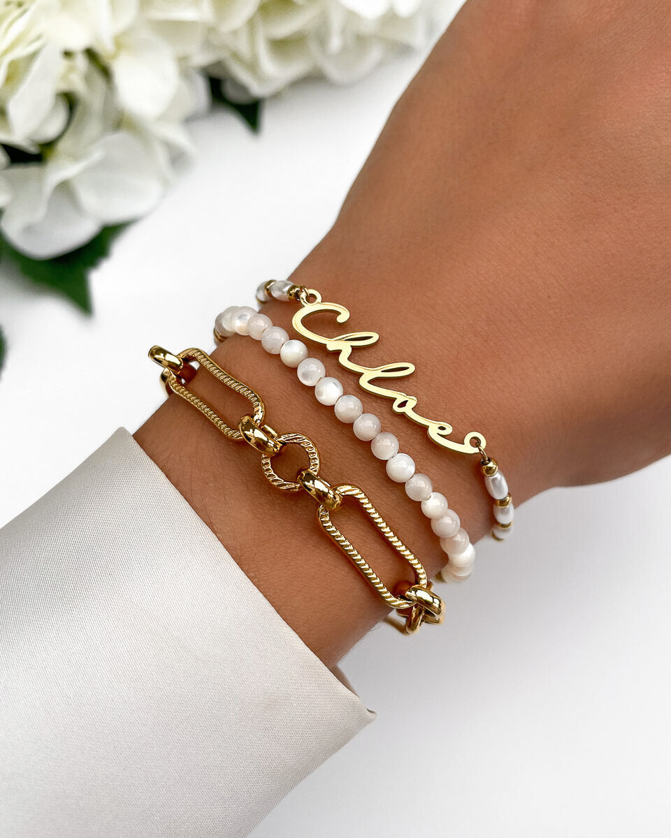 Pearl Chain Signature Name Bracelet (Gold)