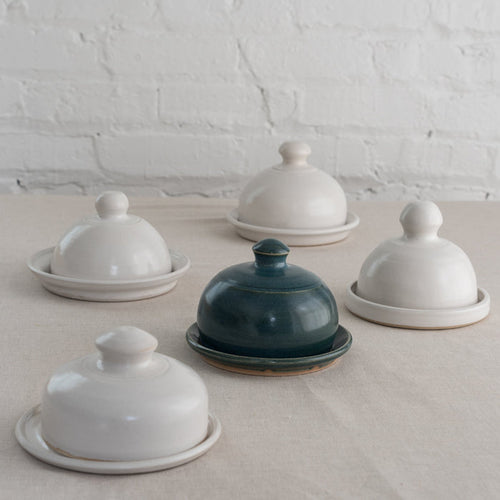 domed butter set - ceramic butter dish - stormy blue butter dish - white butter dish