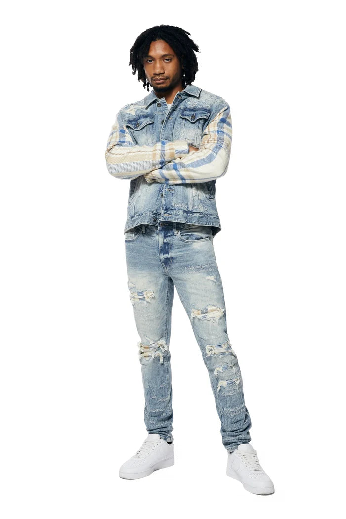 Embroidered Plaid Backed Denim Jacket - Lowell Blue-JJ23619