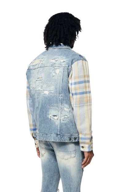 Embroidered Plaid Backed Denim Jacket - Lowell Blue-JJ23619
