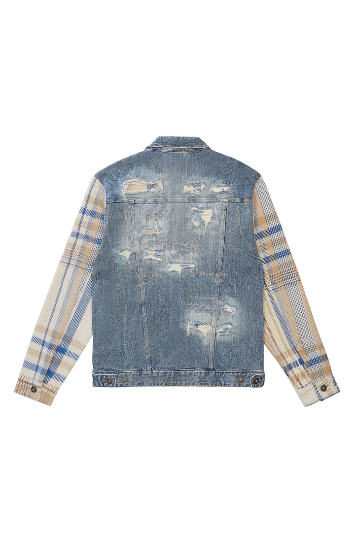 Embroidered Plaid Backed Denim Jacket - Lowell Blue-JJ23619