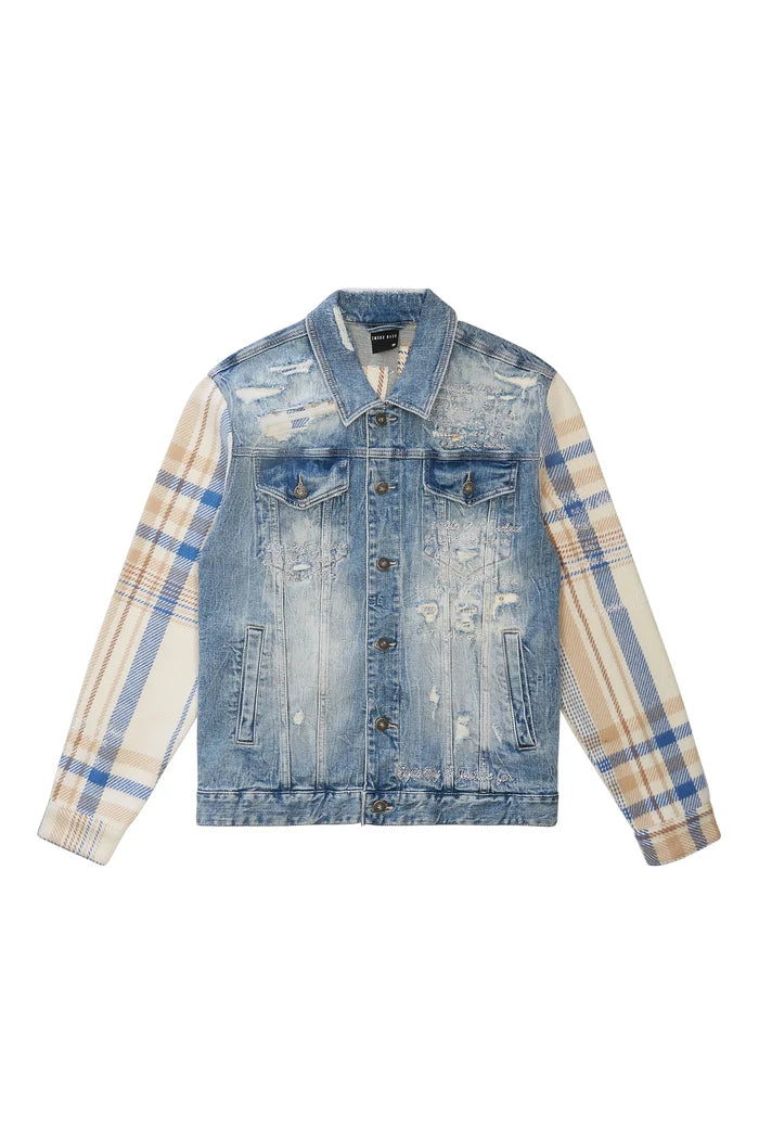 Embroidered Plaid Backed Denim Jacket - Lowell Blue-JJ23619