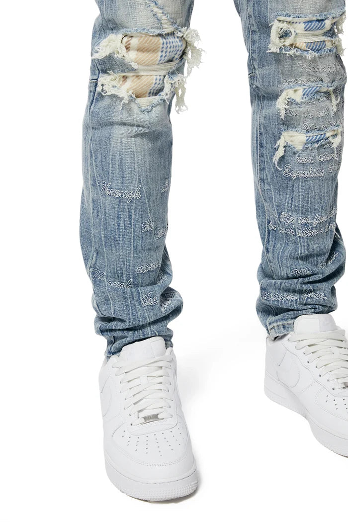 Embroidered Plaid Backed Denim Jeans - Lowell Blue-jP23619