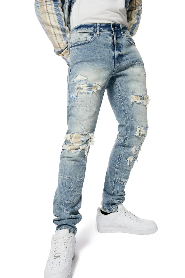 Embroidered Plaid Backed Denim Jeans - Lowell Blue-jP23619