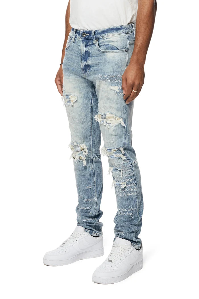 Embroidered Plaid Backed Denim Jeans - Lowell Blue-jP23619