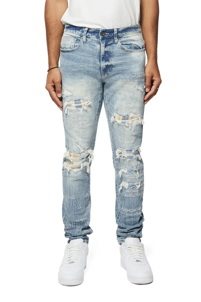 Embroidered Plaid Backed Denim Jeans - Lowell Blue-jP23619