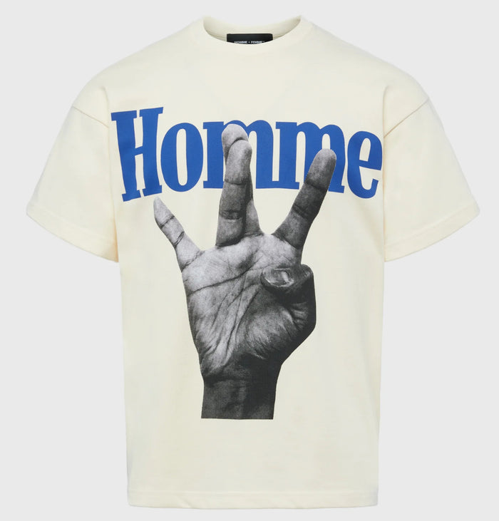 HOMME+FEMME-TWISTED FINGERS TEE CREAM WITH BLUE AND ORANGE