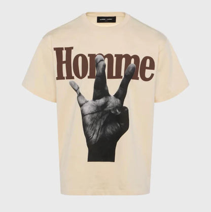 HOMMEFEMME-TWISTED FINGERS TEE CREAM WITH BROWN AND YELLOW