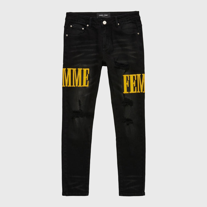 LETTERMAN DENIM BLACK WITH YELLOW LETTERS-HOMME+FEME