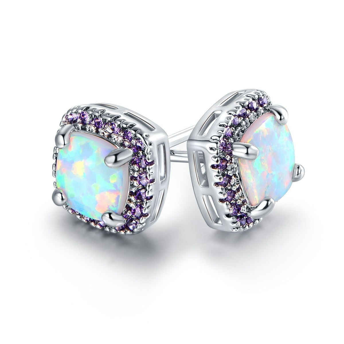 18K White Gold Plated Opal Stud Earrings