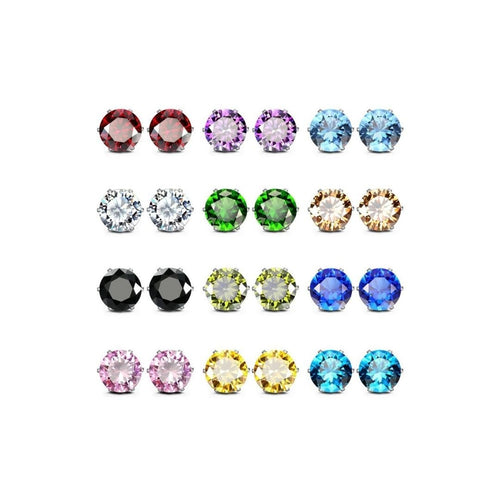 18K White Gold Plated 12 Pack Birthstone Stud Earrings
