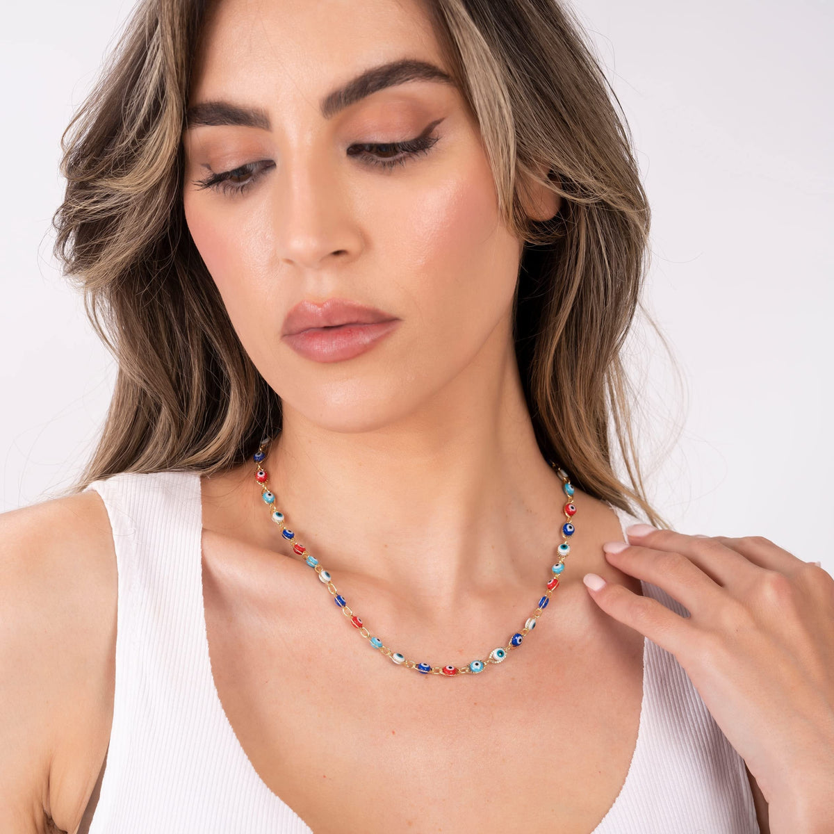 Barzel 18K Gold Plated Multicolor Evil Eye Necklace - Made In Brazil