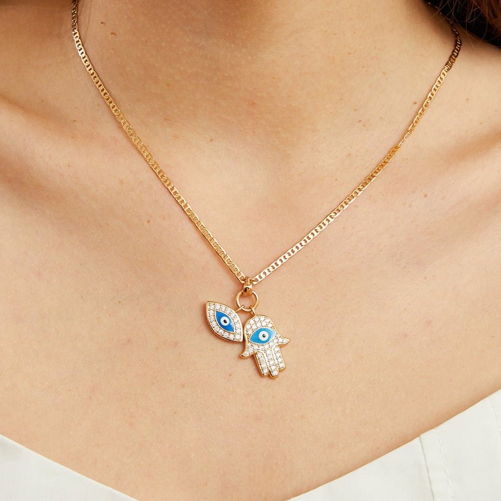 18K Gold Plated Crystal Evil Eye Hamsa Pendant Necklace