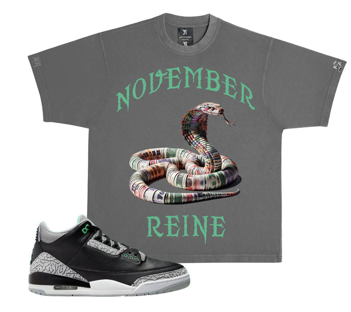 NOVEMBER REINE-"SNAKE" HEAVYWEIG HT LUXURY T-SHIRT GREY AND GLOW GR EEN