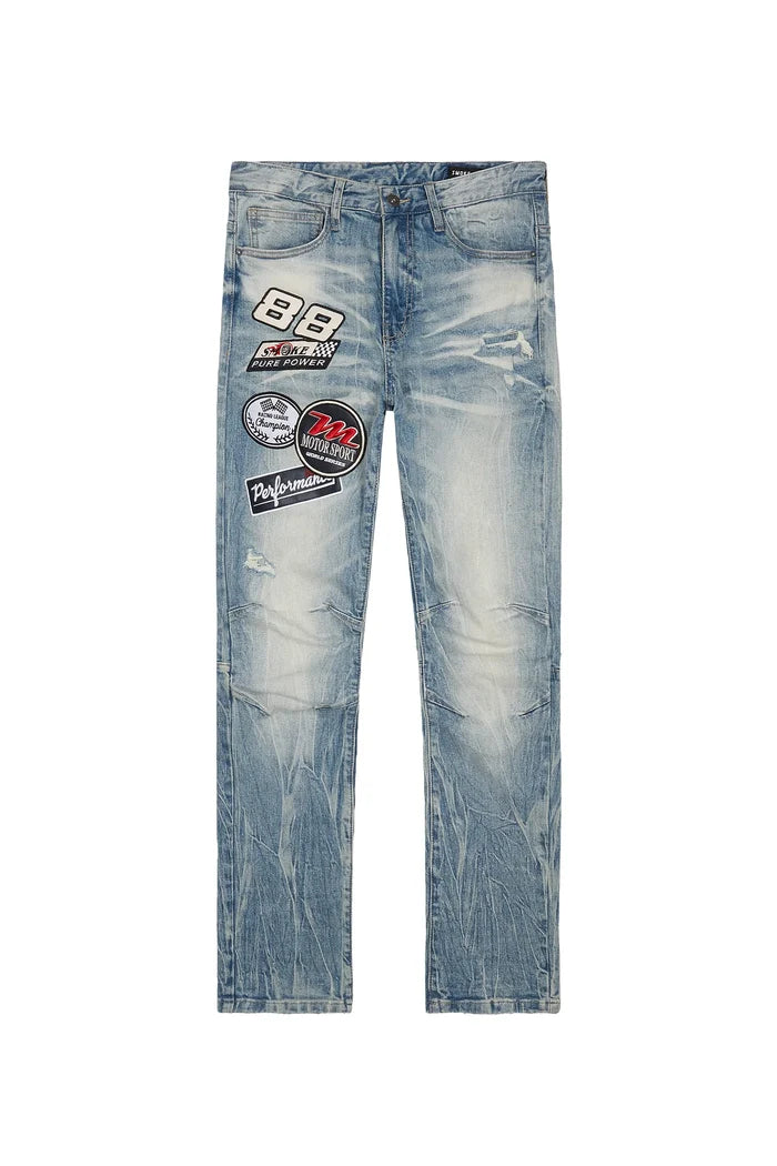 SMOKE RISE-Embroidered Patched Racing Denim Jacket - Beacon Blue-JP24146