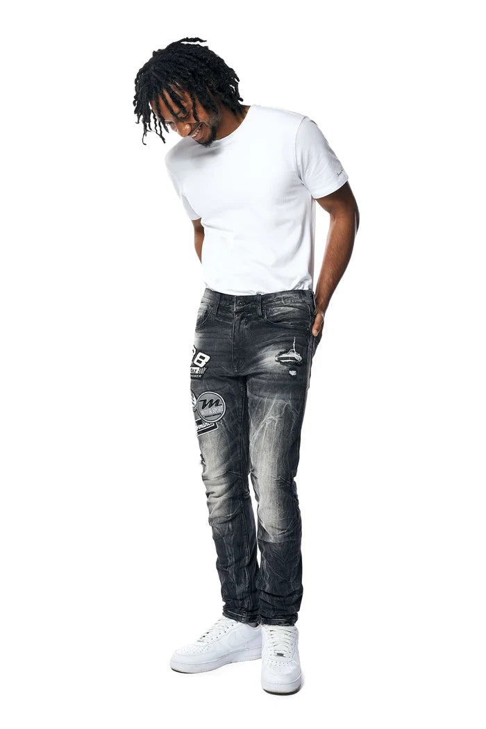 SMOKE RISE-Embroidered Patched Racing Denim Jeans - Moon Black