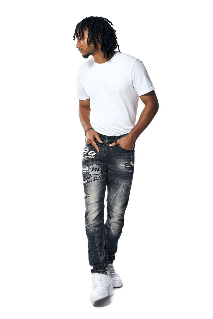 SMOKE RISE-Embroidered Patched Racing Denim Jeans - Moon Black