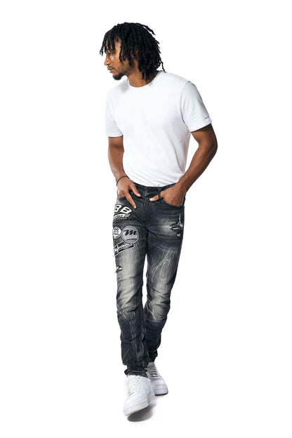 SMOKE RISE-Embroidered Patched Racing Denim Jeans - Moon Black