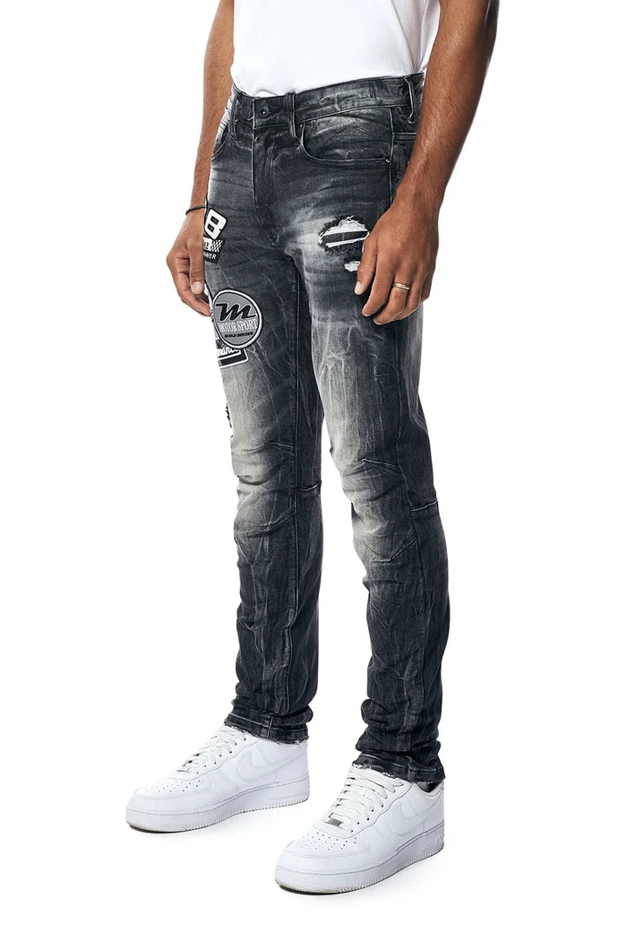 SMOKE RISE-Embroidered Patched Racing Denim Jeans - Moon Black