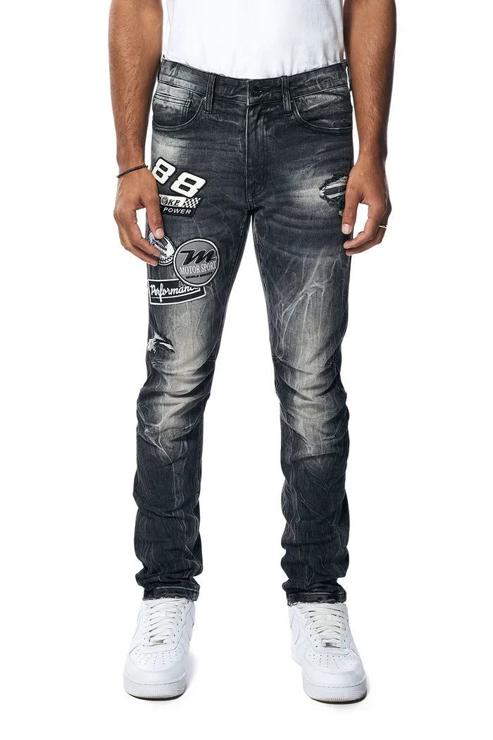 SMOKE RISE-Embroidered Patched Racing Denim Jeans - Moon Black