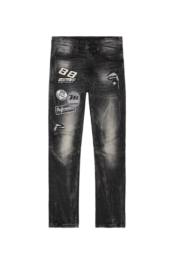 SMOKE RISE-Embroidered Patched Racing Denim Jeans - Moon Black