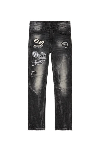 SMOKE RISE-Embroidered Patched Racing Denim Jeans - Moon Black