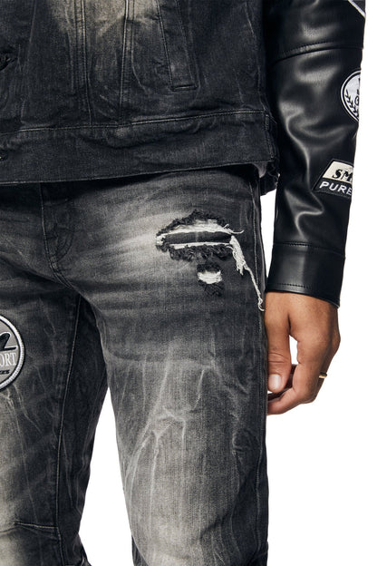 SMOKE RISE-Embroidered Patched Racing Denim Jeans - Moon Black