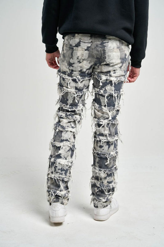 TAKER-T4015, "SLIM FIT" JEANS WITH FRAYED PATCH & TIE DYE EFFECT