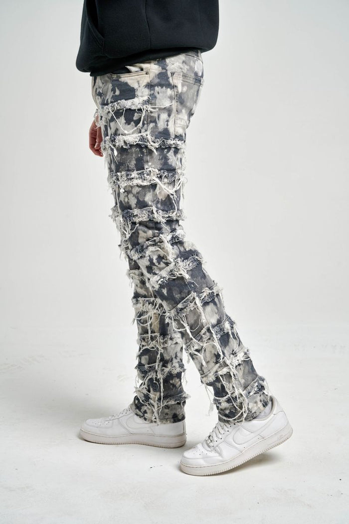 TAKER-T4015, "SLIM FIT" JEANS WITH FRAYED PATCH & TIE DYE EFFECT