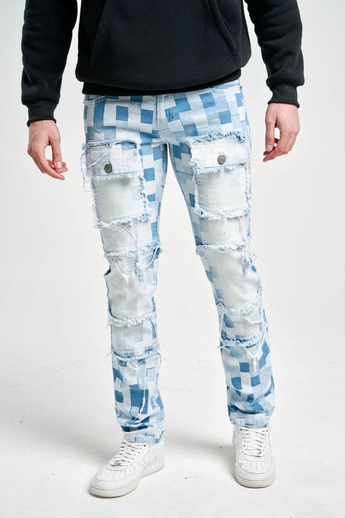 TAKER-T4017, "SLIM FIT" JEANS WITH FRAYED PATCH.
